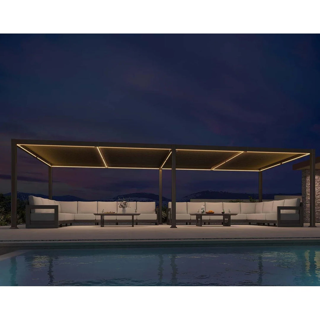 Solar Louvered Pergola with LED String Lights Aluminum Outdoor Pergola with Adjustable Roof for Patio Garden