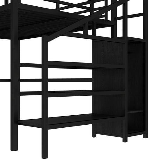 Queen Size Loft Bed with L-Shaped Desk and USB, Metal Loft Bed with Wardrobe and Adjustable Shelf, High Loft Bed with LED