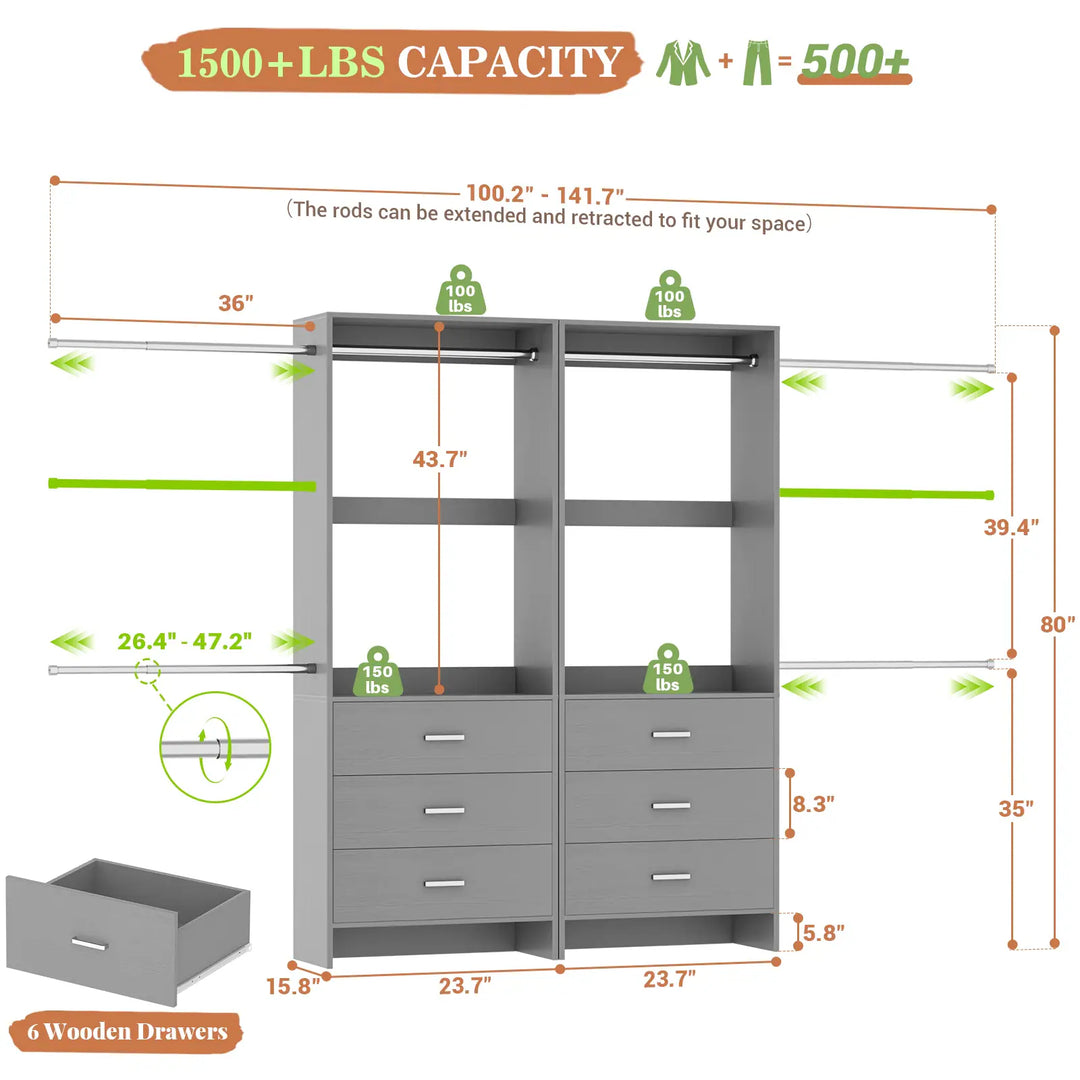 Cimly Set of 2 Closet Organizer System with Adjustable Hanging Rods and Drawers