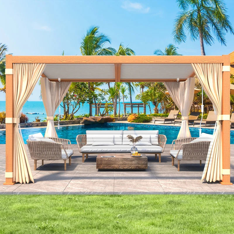 Outdoor Louvered Pergola Gazebo with Adjustable Aluminum Rainproof Roof and Pull-Down Screen