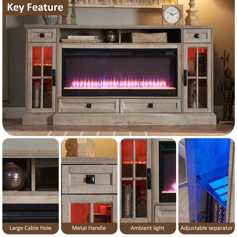 Aira 70"W Farmhouse Fireplace TV Stand with Timer, Wood Media Console for Tvs up to 80" with Fireplace Included