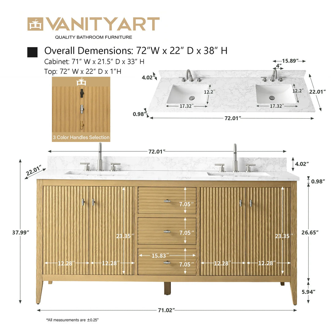72" Double Sink Bathroom Vanity Cabinet with Engineered Marble Top