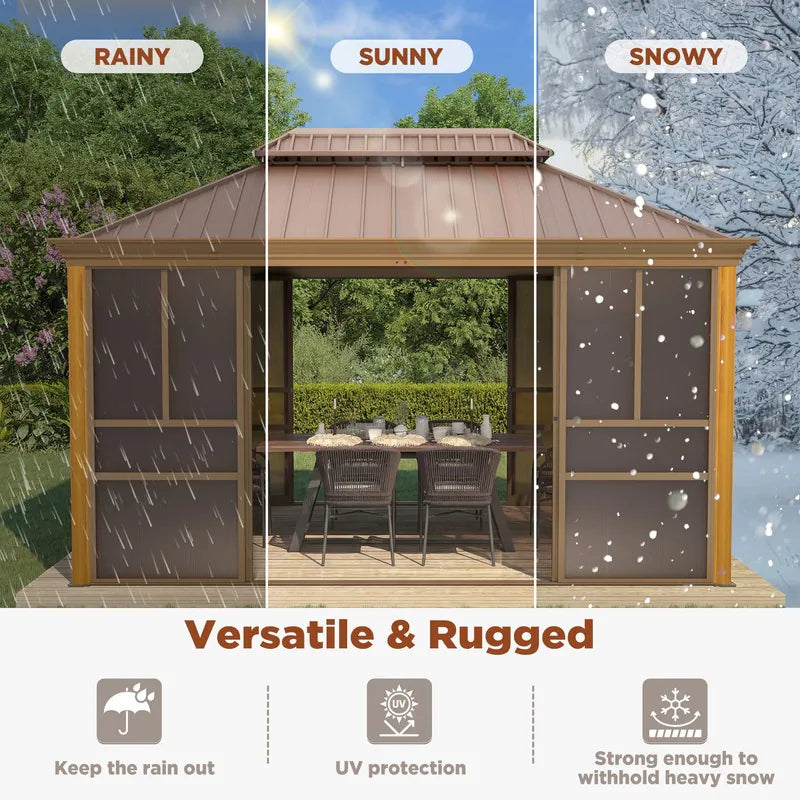 Outdoor Hardtop Sunroom Gazebo with Double Roof & Sliding Doors, All-Season Aluminum Outdoor Pergola, PE Screens&Lockable Design
