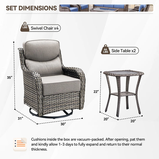 Outdoor Patio Sofa Swivel Chair with 6-Inch Thick Cushions Set