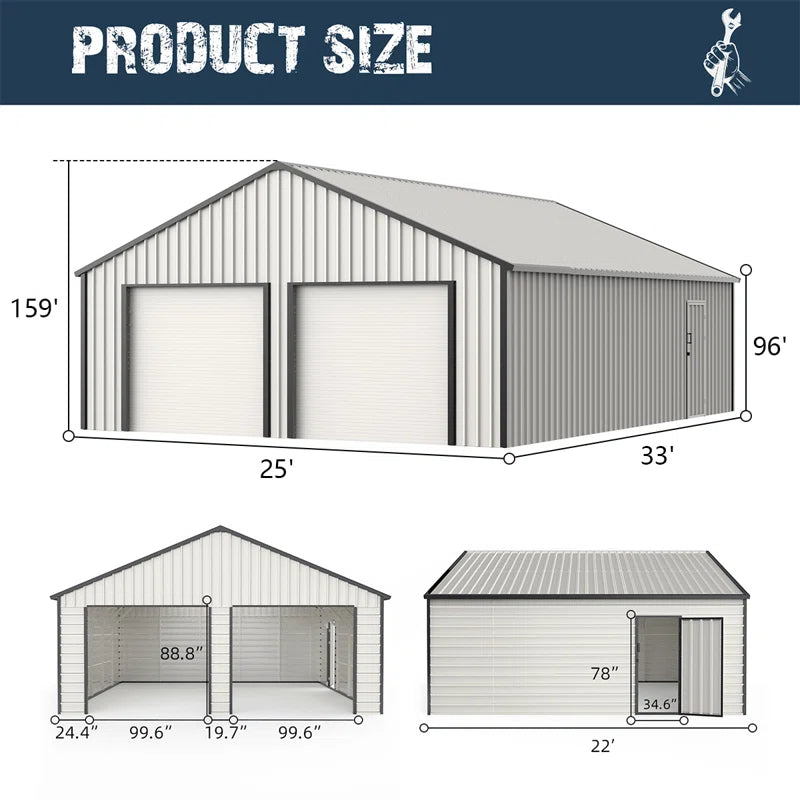 25 Ft. W X 33 Ft. D Outdoor Metal Storage Shed Garage Shed with Doors