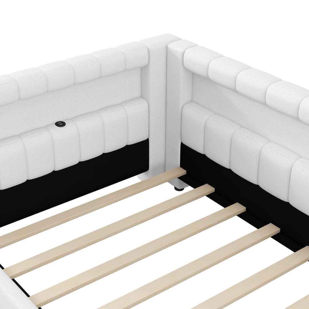 Upholstered Low-Profile Daybed Platform Bed Built-In USB Ports and LED Light Belt, Grounded Design with Padded Backrest