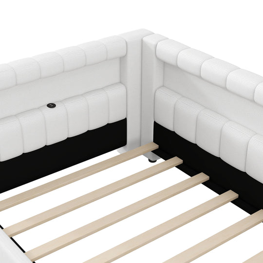 Upholstered Low-Profile Daybed Platform Bed Built-In USB Ports and LED Light Belt, Grounded Design with Padded Backrest