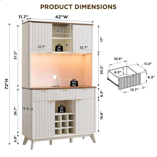 72" Wine Bar Cabinet, Modern Wood Coffee Bar Cabinet with LED Lights