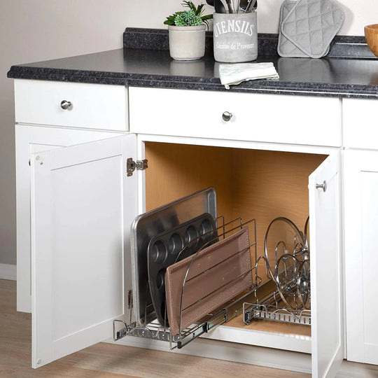 Hold N Storage Pull Out Bakeware Organizer 8.5” W X 21” L X 10.63” H Heavy Duty, Chrome