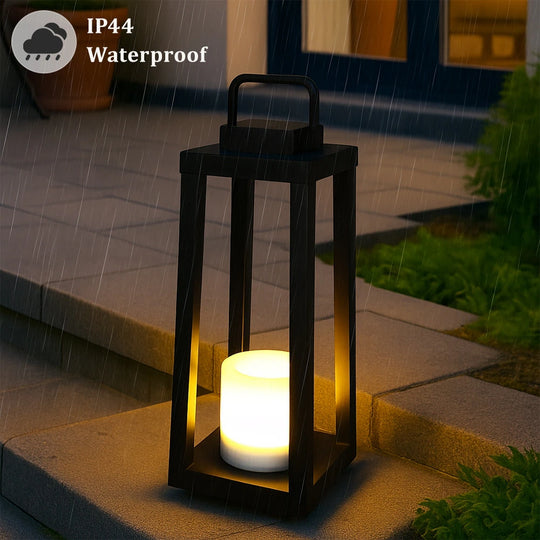1 Light H16" Modern Matte Black Solar Lantern with Candle Shape Outdoor Light Decorative Portable Hanging LED Lights
