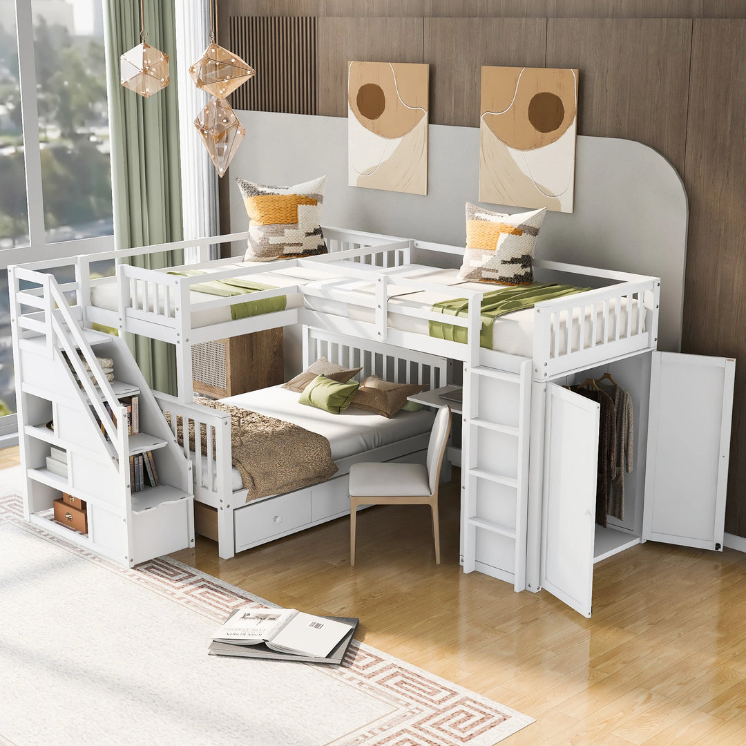 L-Shaped Bunk Bed with Three Drawers, Portable Desk and Wardrobe, Twin-Twin over Full Design