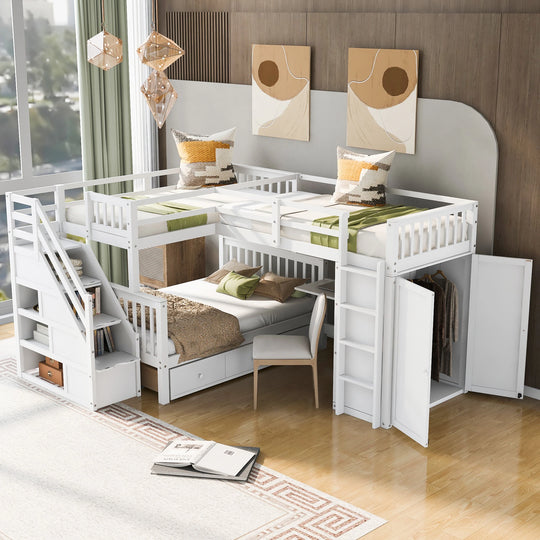 L-Shaped Bunk Bed with Three Drawers, Portable Desk and Wardrobe, Twin-Twin over Full Design