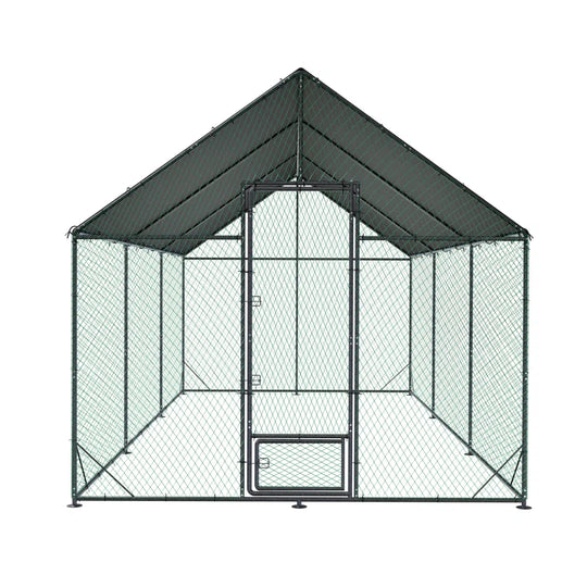 Upgraded Anti-Rust Metal Chicken Coop with Run Walkin Poultry Cage Habitat with Feeding Door, Waterproof and Snow /Rain Accumulation Prevent Cover for Backyard Farm Garden