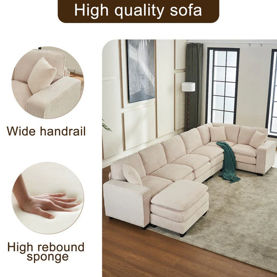 Modern U-Shaped 6-Seater Sectional Sofa with One Footstool