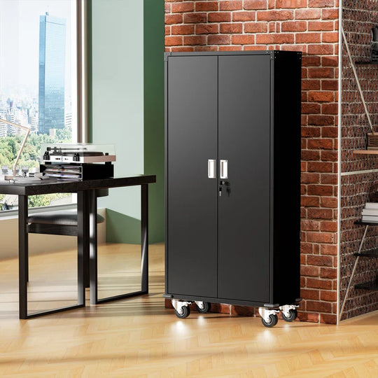 Metal Garage Storage Cabinets with Wheels & Pegboard, 72"H Rolling Storage Cabinet with Lockable Doors and 4 Adjustable Shelves, (72" H×32" W×16" D)