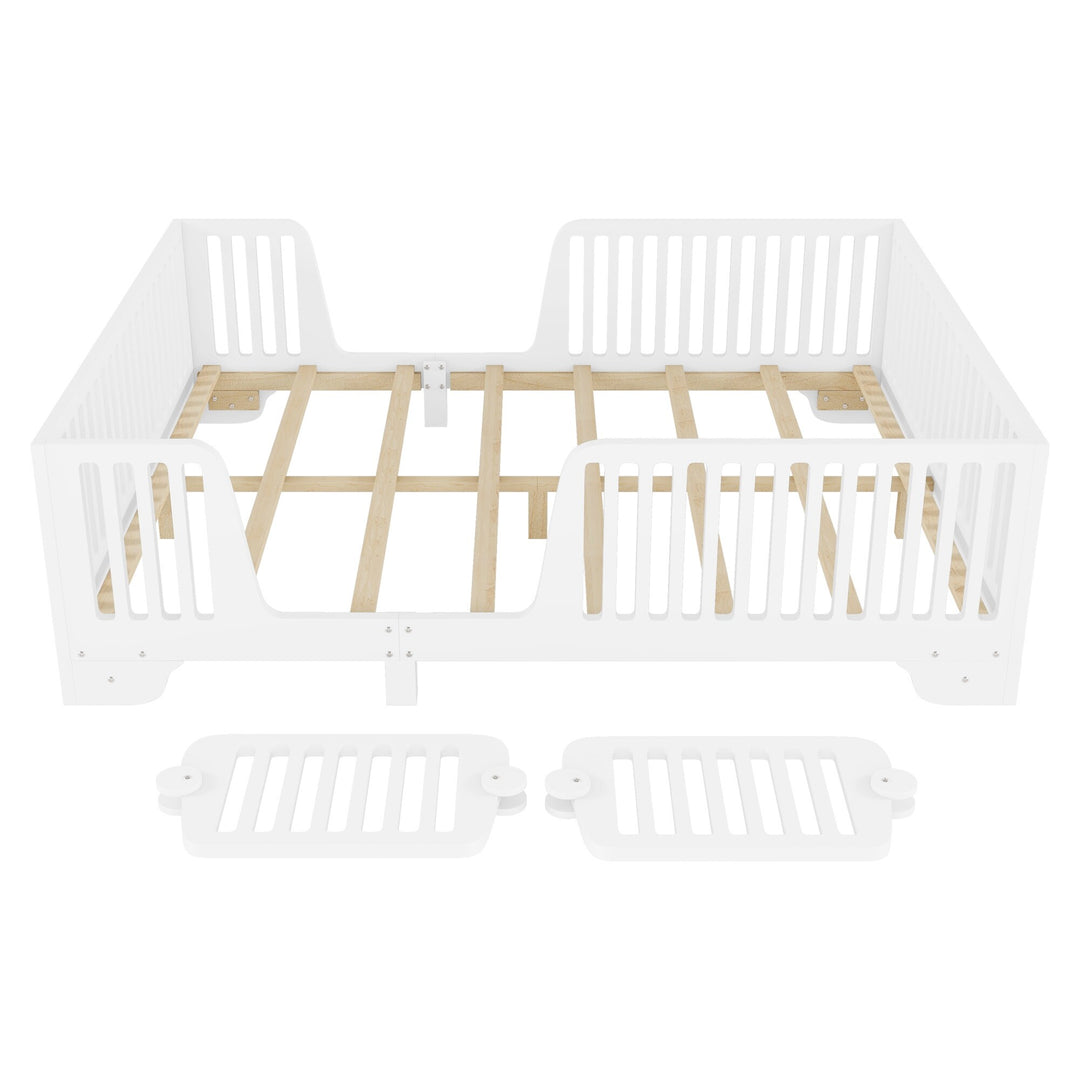 Full Size Montessori Floor Bed Frame with Safety Rails and Removable Door, Low Profile Kids Bed with Slatted Support