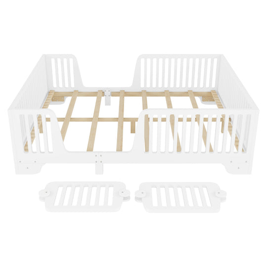 Full Size Montessori Floor Bed Frame with Safety Rails and Removable Door, Low Profile Kids Bed with Slatted Support