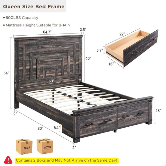 Farmhouse Wood Bed Frame with 54" Tall Headboard, 2 Large Drawers