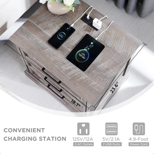 Farmhouse 3-Drawer Nightstand, Wide End Table with Charging Station