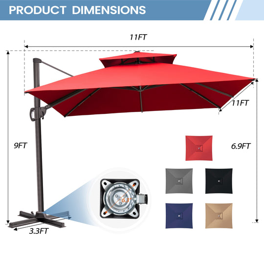 11 X 11 FT Outdoor Square Patio Cantilever Offset Umbrella with Crank and 360 Degrees Rotation