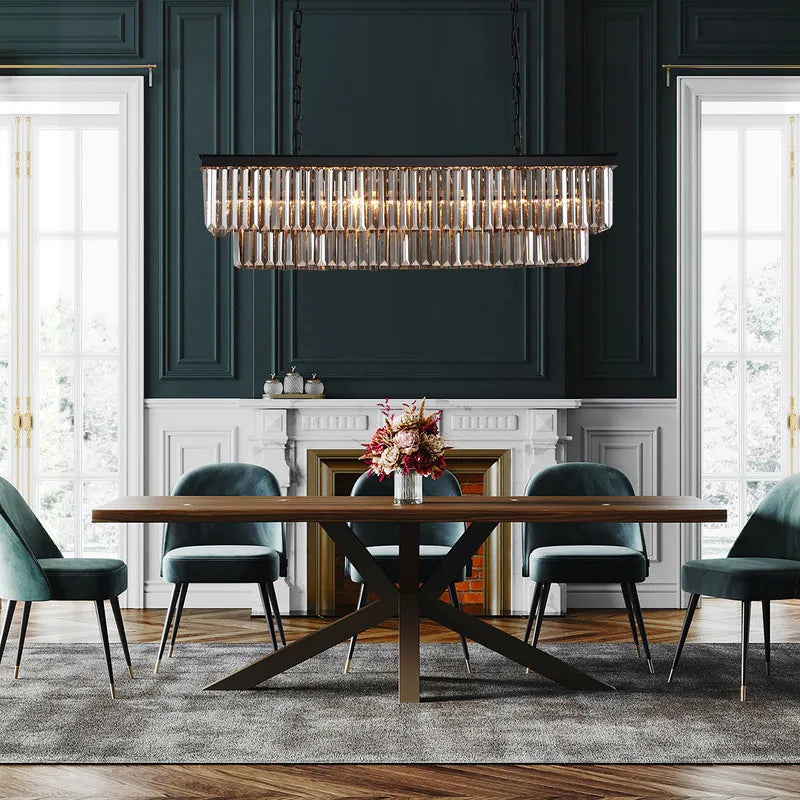 47 In. Smoked Gray and Black Modern Contemporary Crystal Chandelier 2-Tier Linear Kitchen Island Pendant Light for Dining Room