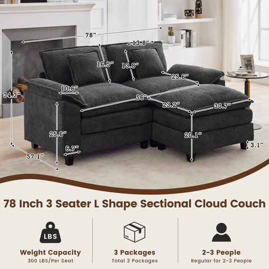 Modular Chenille Sectional Sofa with Ottomans, Deep Seat, Wide Padded Armrests, 2-Seat / 3-Seat / 4-Seat Options