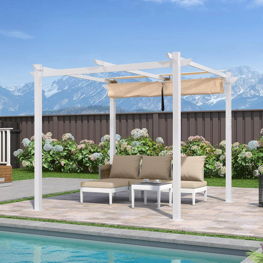 Gazebo Outdoor Retractable White Heavy-Duty Aluminum Pergola with Extra Top Roof