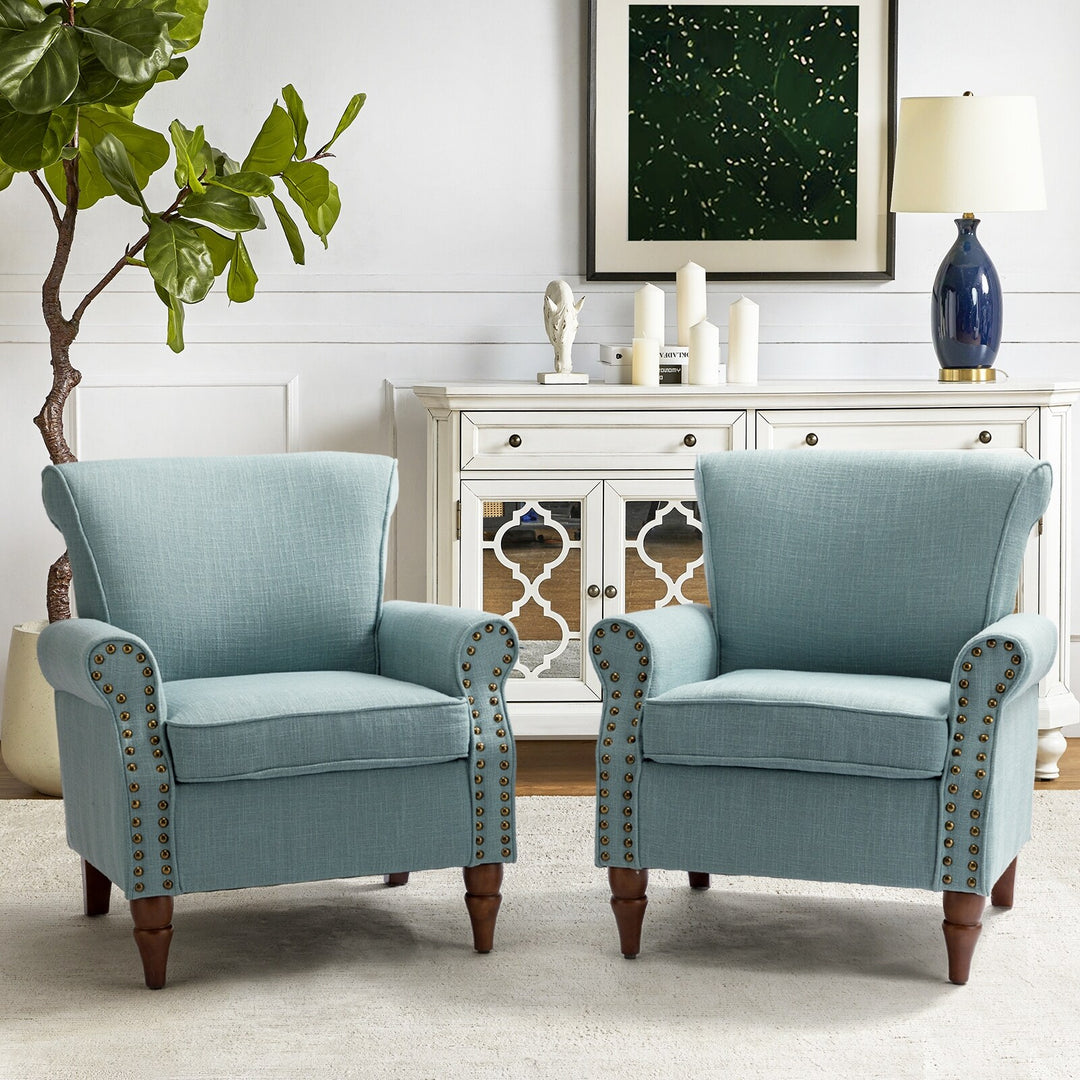 Nyctelius Upholstered Comfy Accent Chair with Turned Wooden Legs and Nailhead Trim Set of 2 by