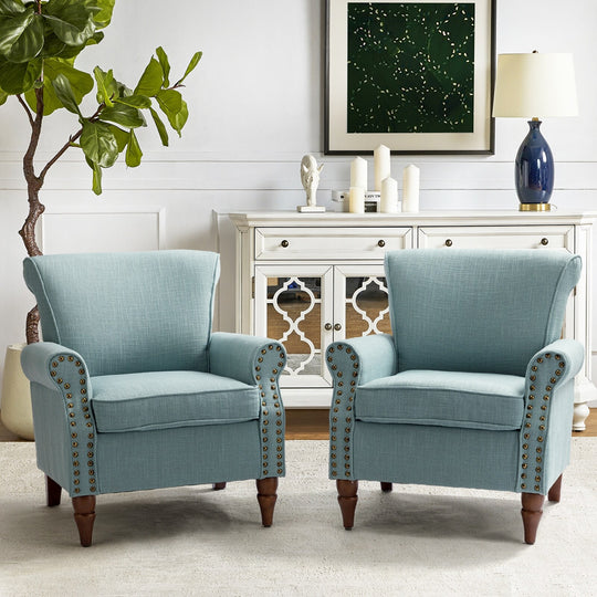 Nyctelius Upholstered Comfy Accent Chair with Turned Wooden Legs and Nailhead Trim Set of 2 by