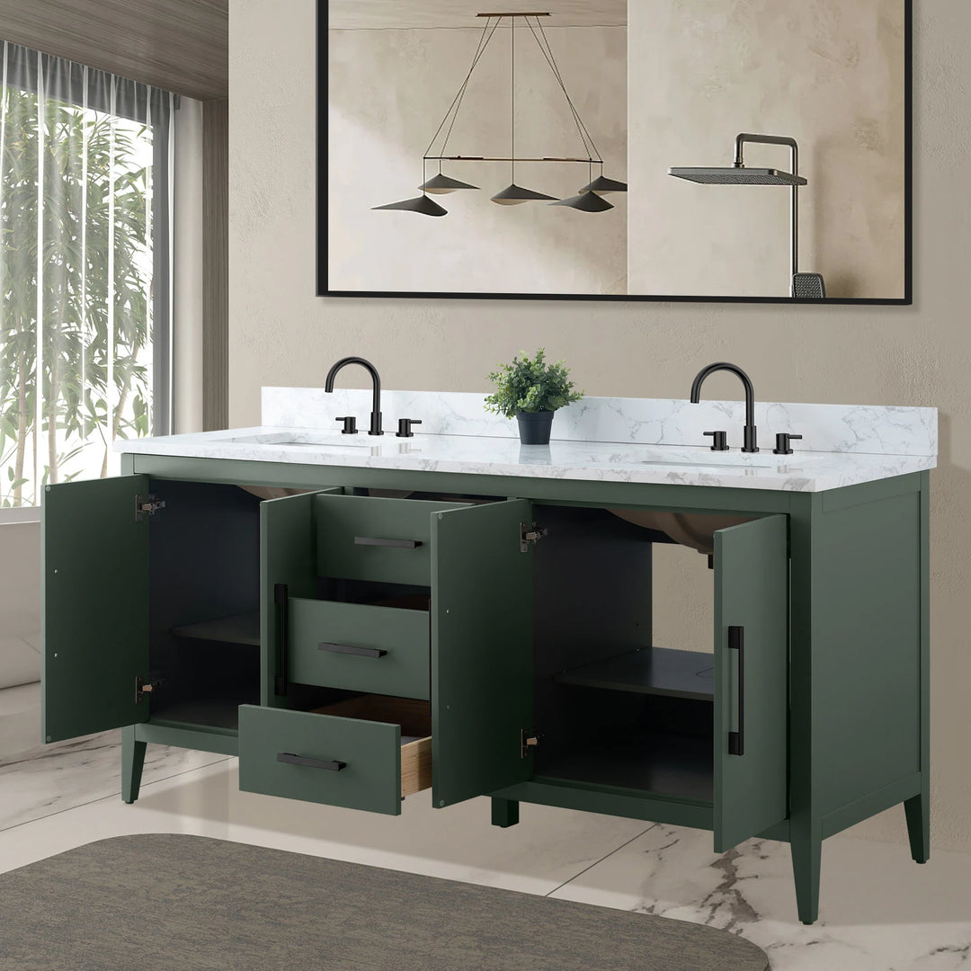 72" Double Sink Bathroom Vanity Cabinet with Engineered Marble Top