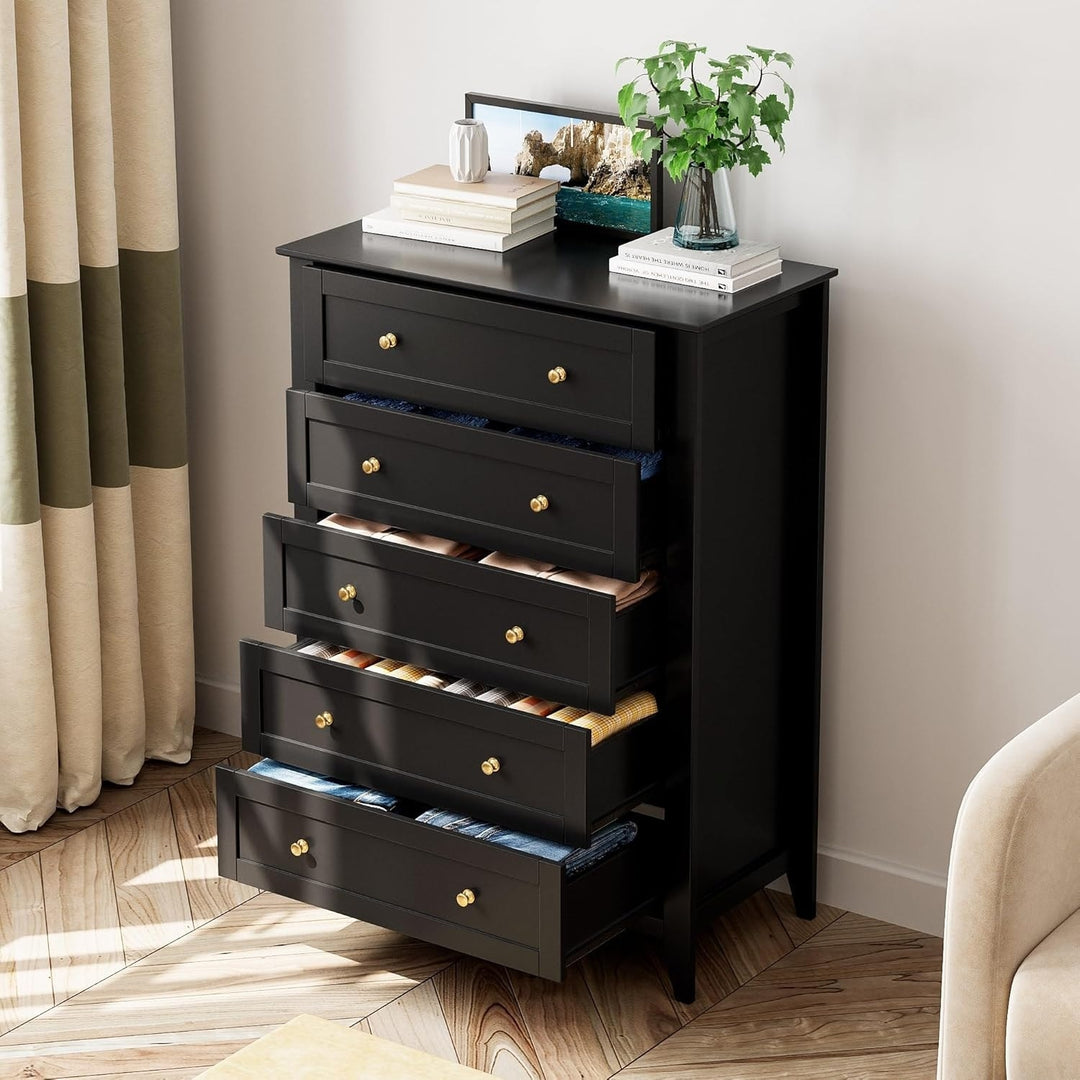 Modern Bedroom Nightstand with 5 Drawers & Metal Handles - Multifunctional Storage Cabinet,Easy Assembly for Living Room