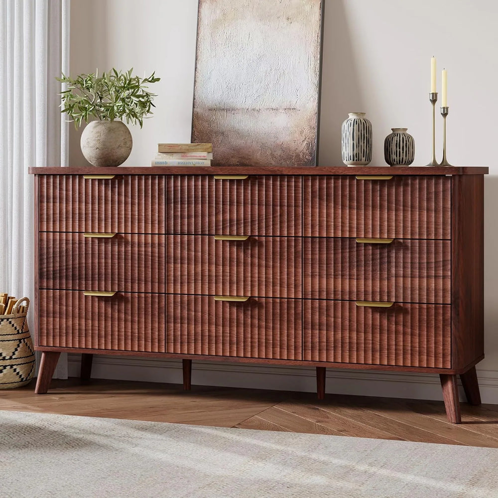 Fluted 9-Drawer Dresser, 60.6" Wide Modern Wooden Chest with Curved Design, Dresser TV Stand for Living Room, Walnut