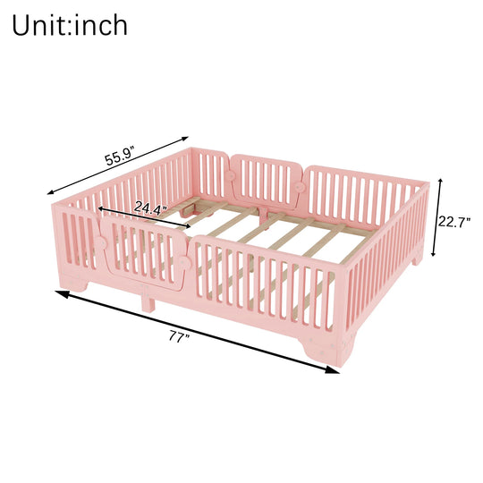 Full Size Montessori Floor Bed Frame with Safety Rails and Removable Door, Low Profile Kids Bed with Slatted Support