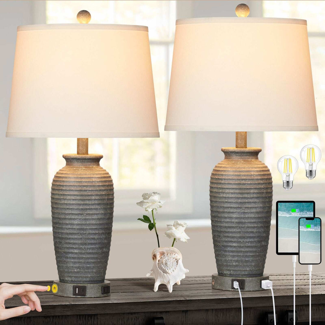 Set of 2 Bedside Resin Table Lamps with 3-Way Touch Control and Dual USB Ports
