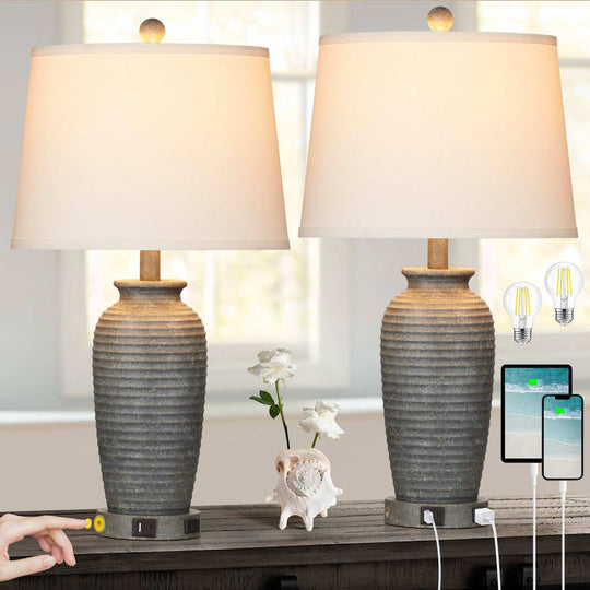 Set of 2 Bedside Resin Table Lamps with 3-Way Touch Control and Dual USB Ports