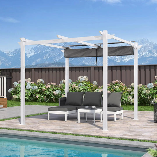 Gazebo Outdoor Retractable White Heavy-Duty Aluminum Pergola with Extra Top Roof