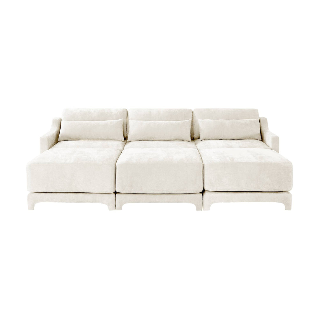 Modern Chenille 4-Seater Sofa with 2 Ottoman, Lumbar Cushions, Ergonomic Backrest, High-Resilience Spongeand Tufted Armrests