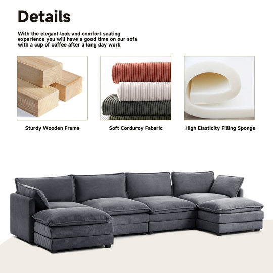 Corduroy Sectional Sofa with Removable Ottomans & Ultra-Soft Cushions for Living Room & Bedroom