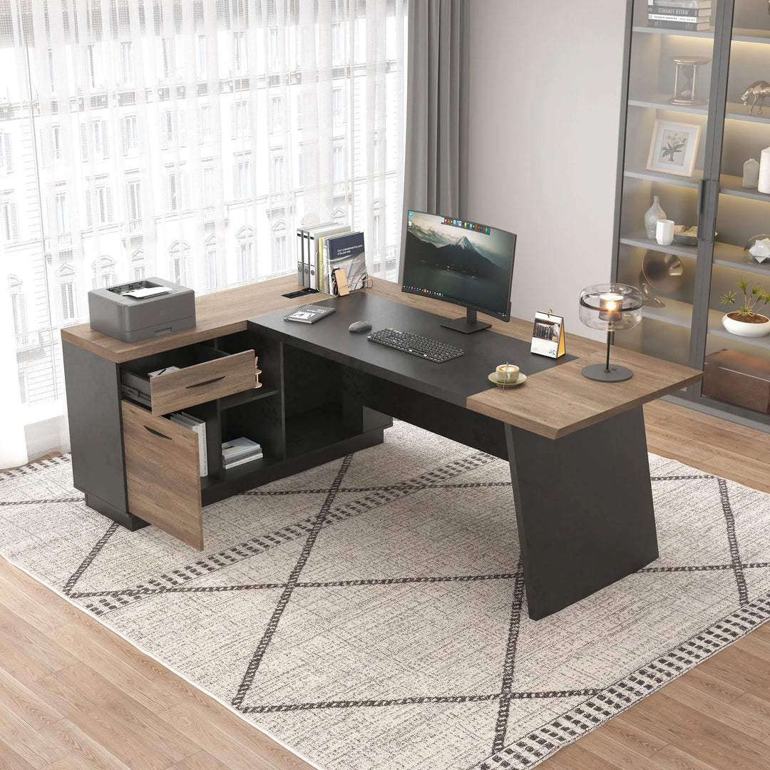 78.74 Inches L-Shape Executive Desk, Industrial Wood Desk with Cabinet Drawer Storage Shelves