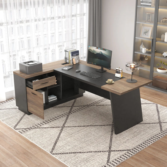 78.74 Inches L-Shape Executive Desk, Industrial Wood Desk with Cabinet Drawer Storage Shelves