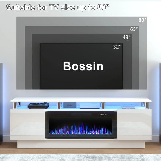 70" Modern Electric Fireplace TV Stand, with Electronic Flame and LED Lights, High Gloss Finish Entertainment Center