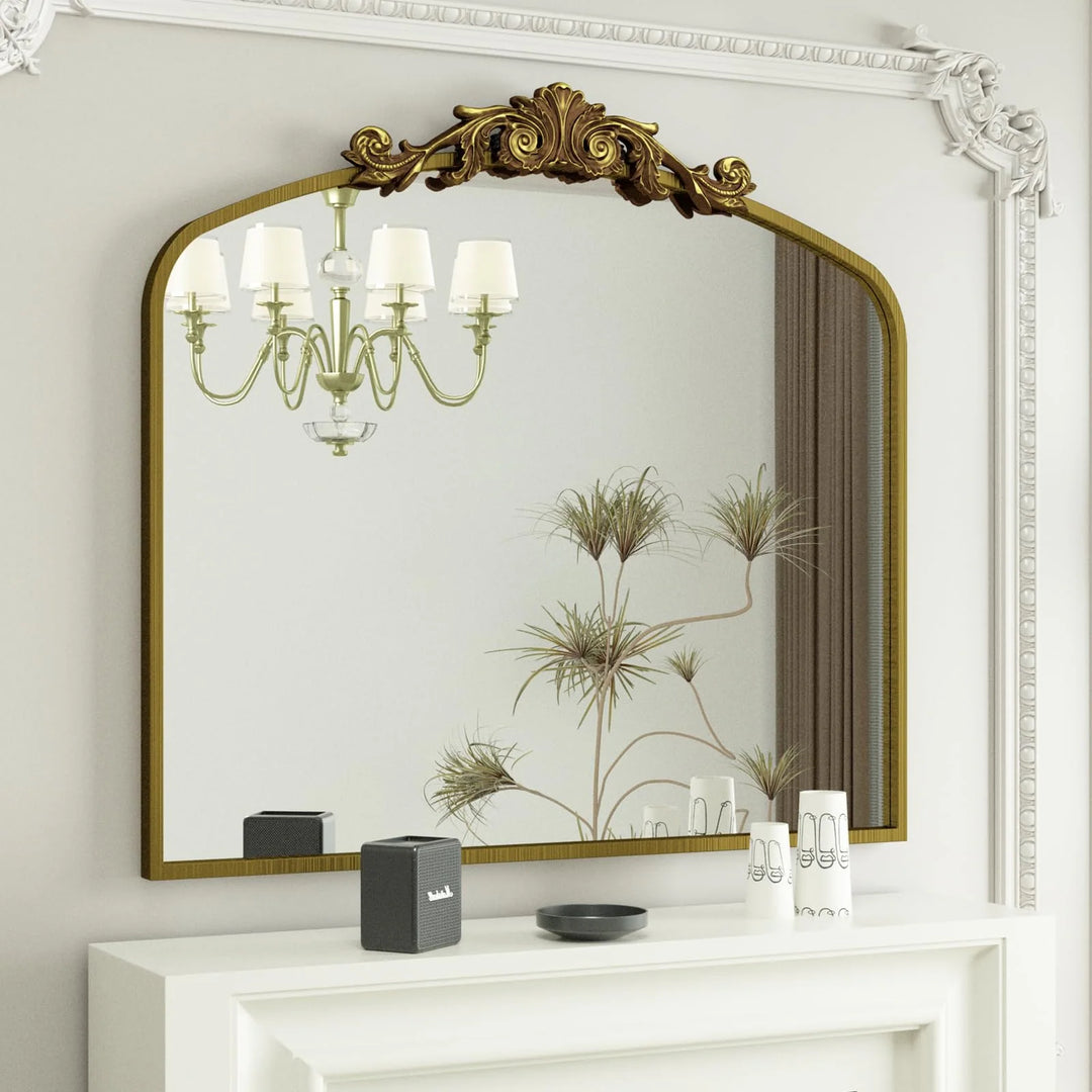 Arched Vintage Wall Mirror and Metal Frame Baroque Style Bathroom Vanity Mirror