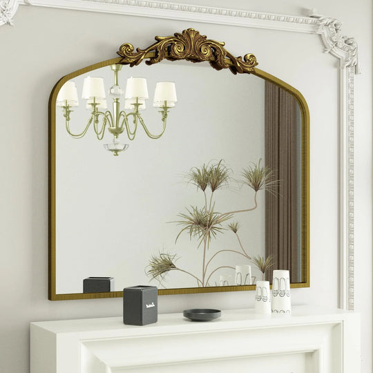 Arched Vintage Wall Mirror and Metal Frame Baroque Style Bathroom Vanity Mirror