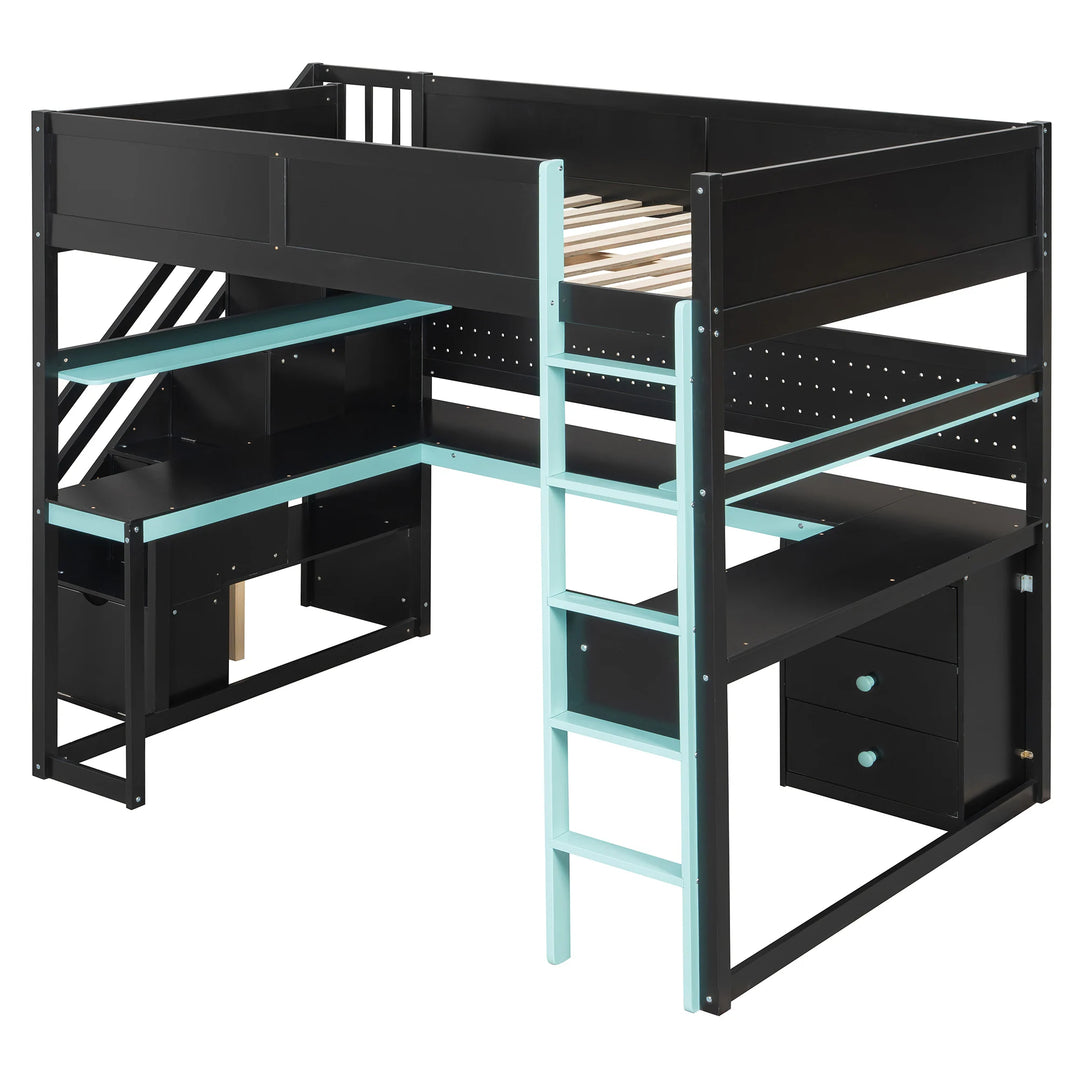 Full Size Wooden Gaming Loft Bed with Storage Stairs, Desk, Shelves and Pegboard