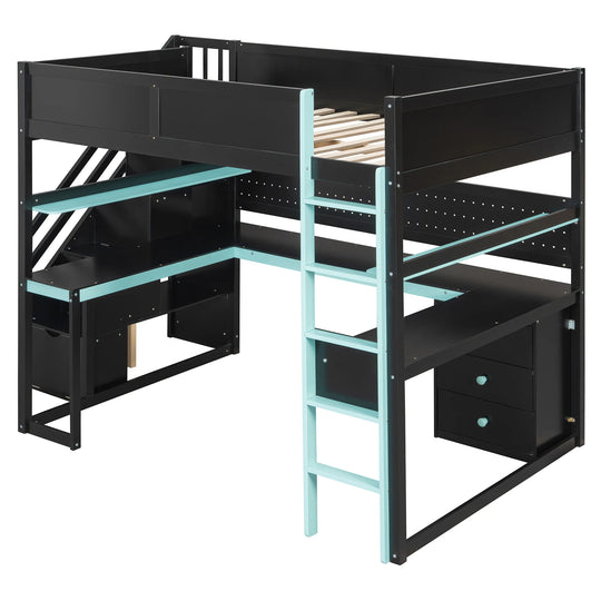 Full Size Wooden Gaming Loft Bed with Storage Stairs, Desk, Shelves and Pegboard