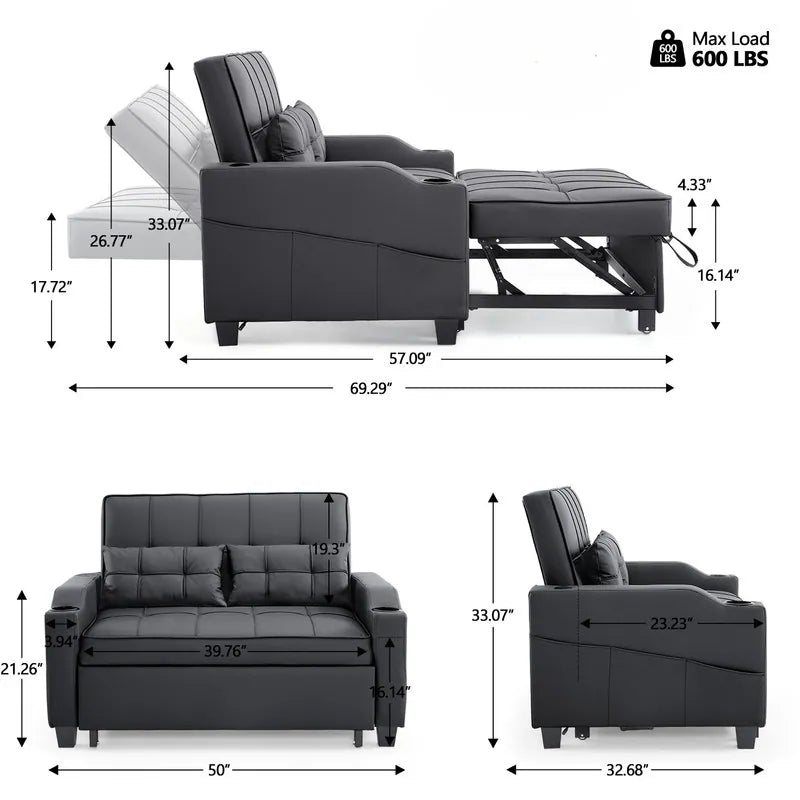 Tufted Upholstered Leather Sleeper Sofa Bed