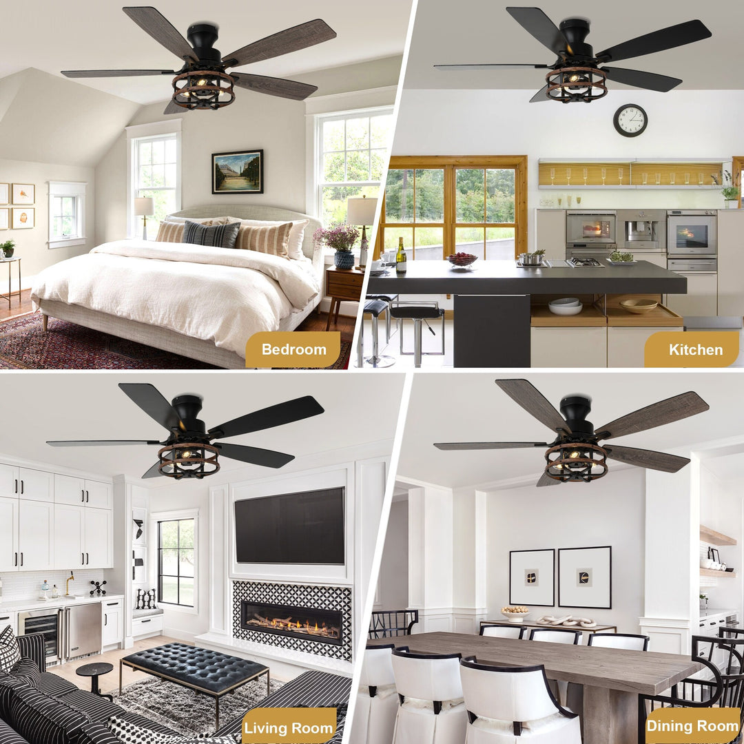 52-In Farmhouse Black Caged Ceiling Fan with Lights and Remote Control, Low Profile Flush Mount Chandelier Ceiling Fan