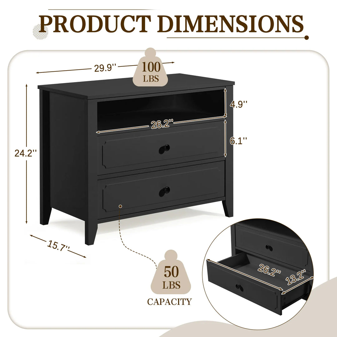 Wide Nightstand – 2‑Drawer Bedside Table with Open Shelf, MDF Wood End Table for Bedroom Living Room