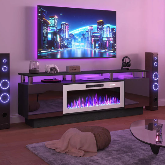 70" Modern Electric Fireplace TV Stand, with Electronic Flame and LED Lights, High Gloss Finish Entertainment Center