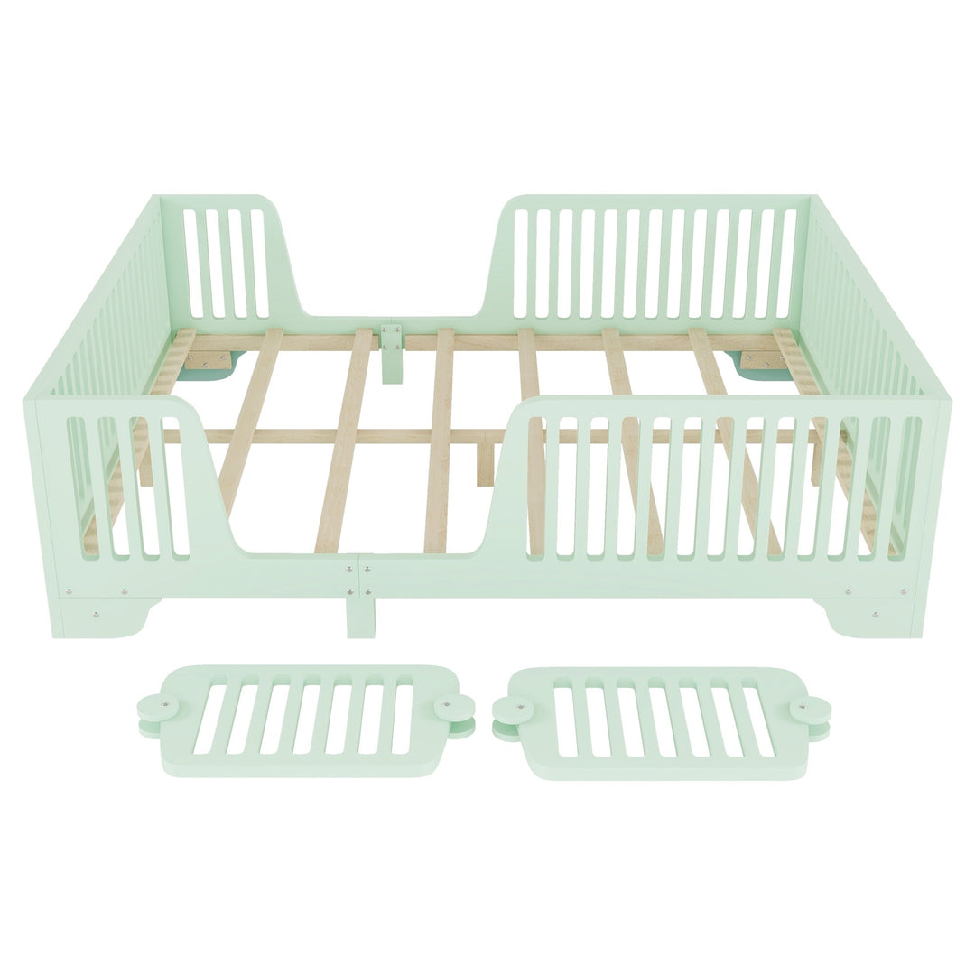 Full Size Montessori Floor Bed Frame with Safety Rails and Removable Door, Low Profile Kids Bed with Slatted Support